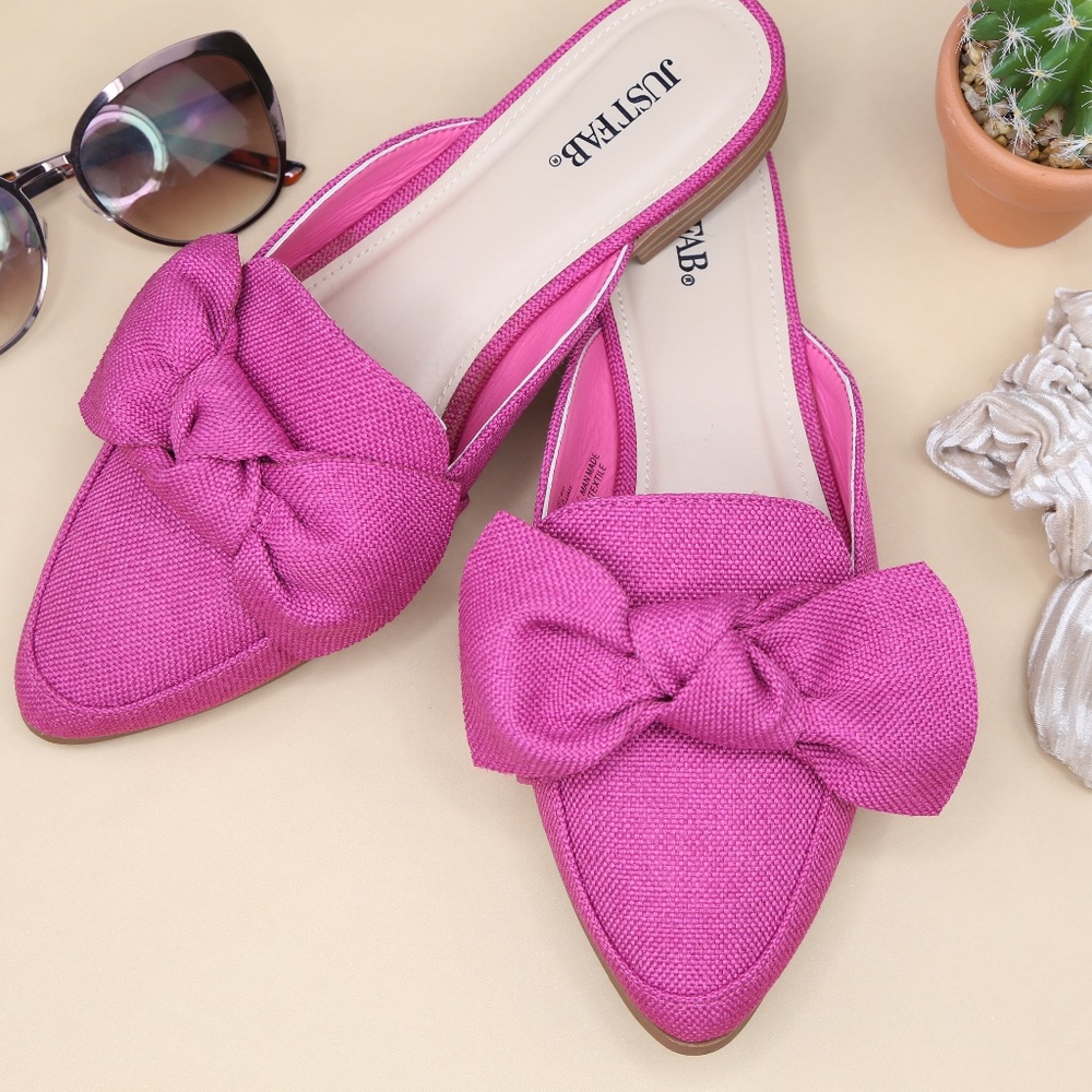 Magenta Pink Slip On Pointed Loafer Flats W/ Bow